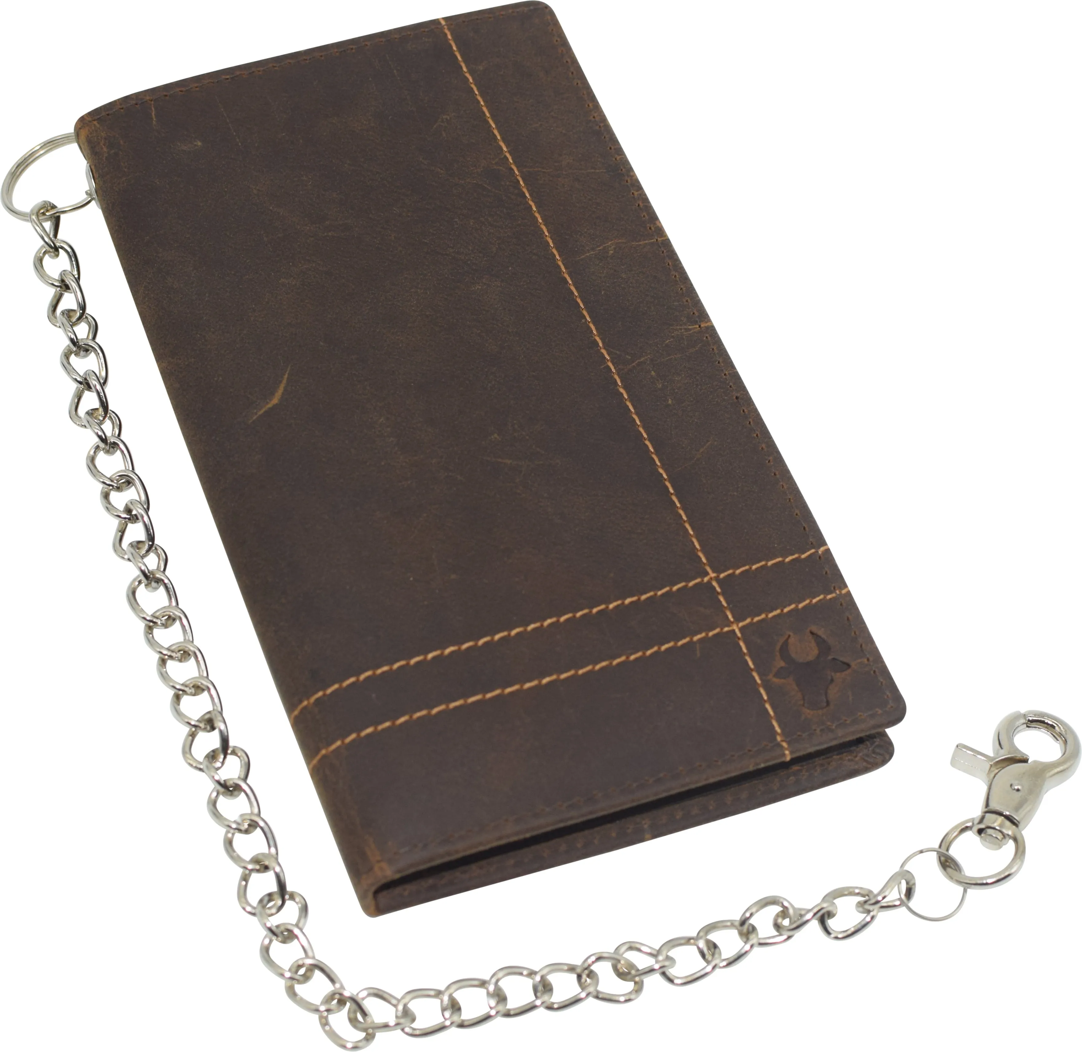 RFID Blocking Bifold Vintage Leather Credit Card ID Holder Long Steel Chain Wallet