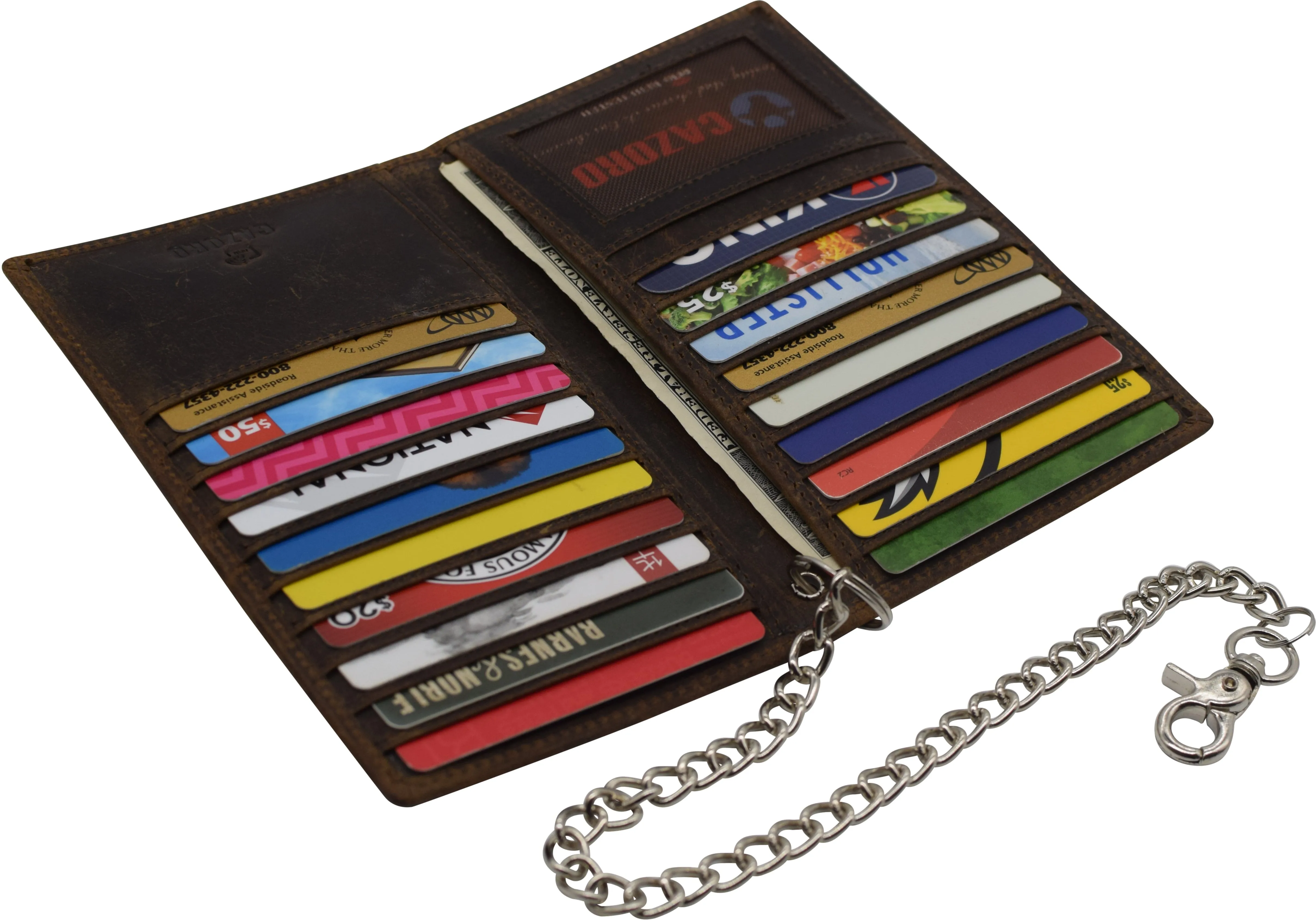 RFID Blocking Bifold Vintage Leather Credit Card ID Holder Long Steel Chain Wallet