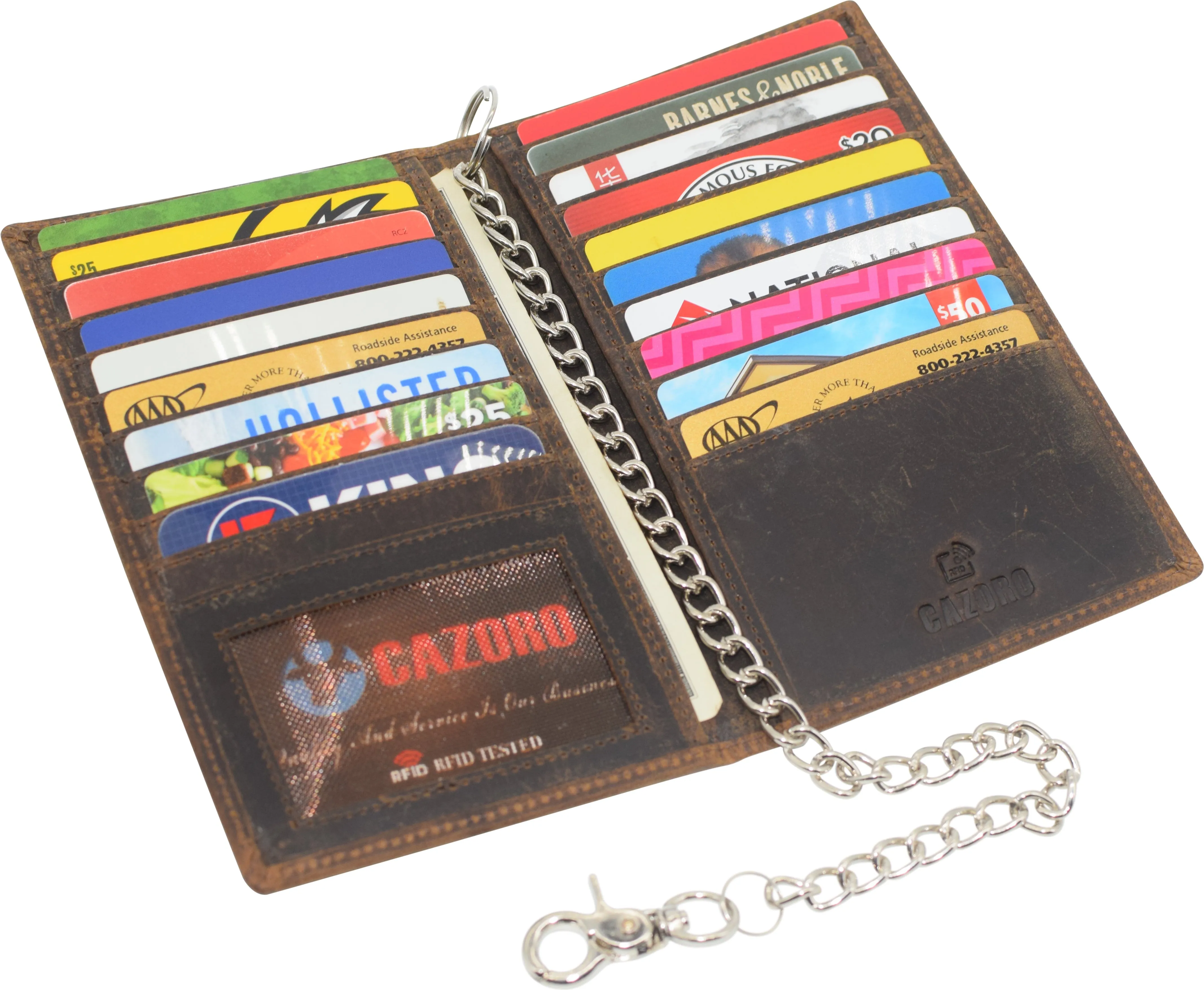 RFID Blocking Bifold Vintage Leather Credit Card ID Holder Long Steel Chain Wallet