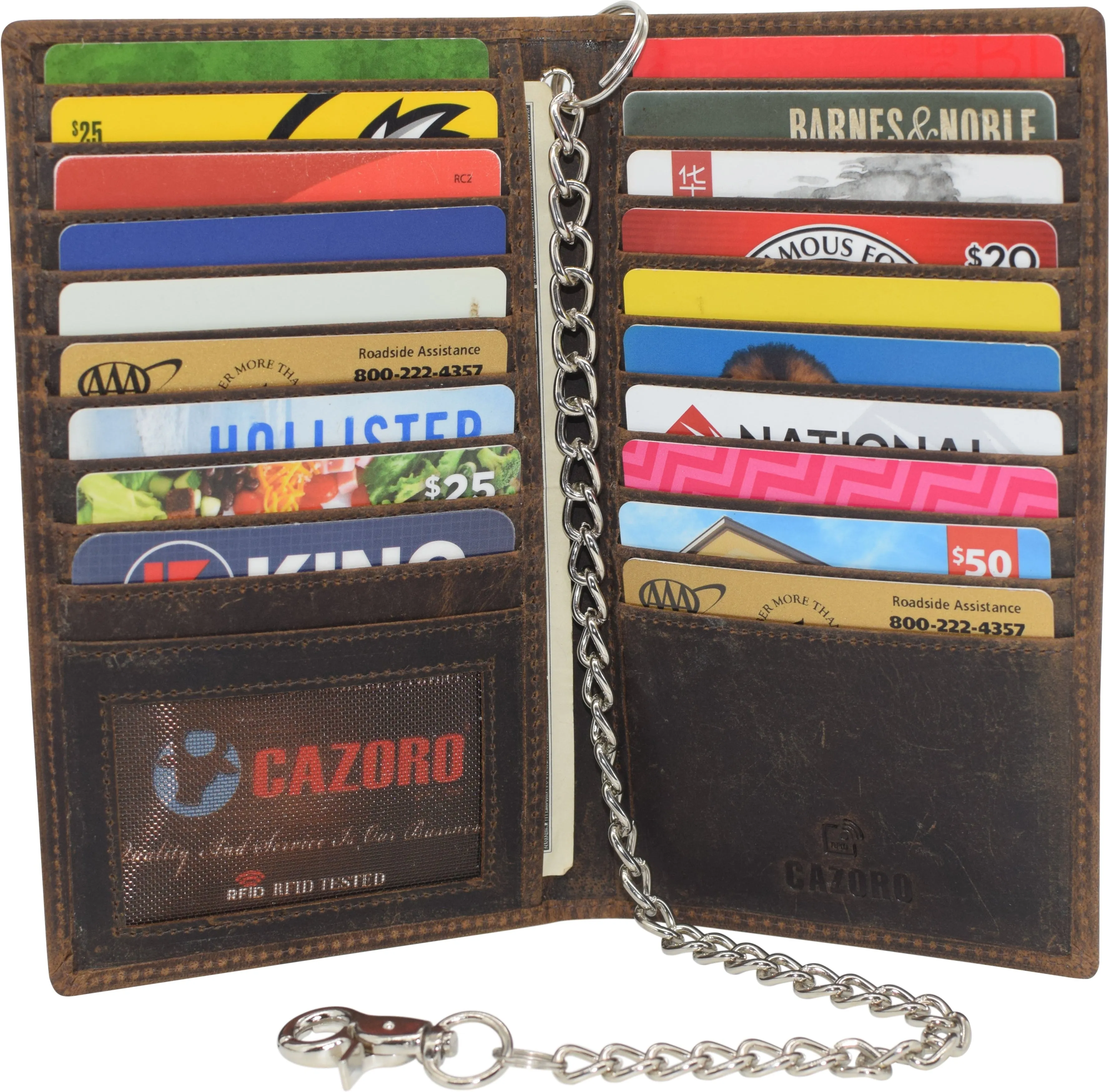 RFID Blocking Bifold Vintage Leather Credit Card ID Holder Long Steel Chain Wallet