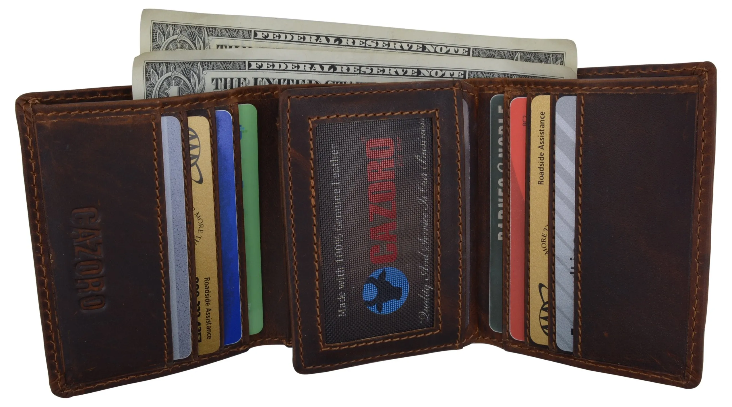 RFID Blocking Cazoro Mens Premium Vintage Leather Trifold Credit Card ID Wallet 611107RHU