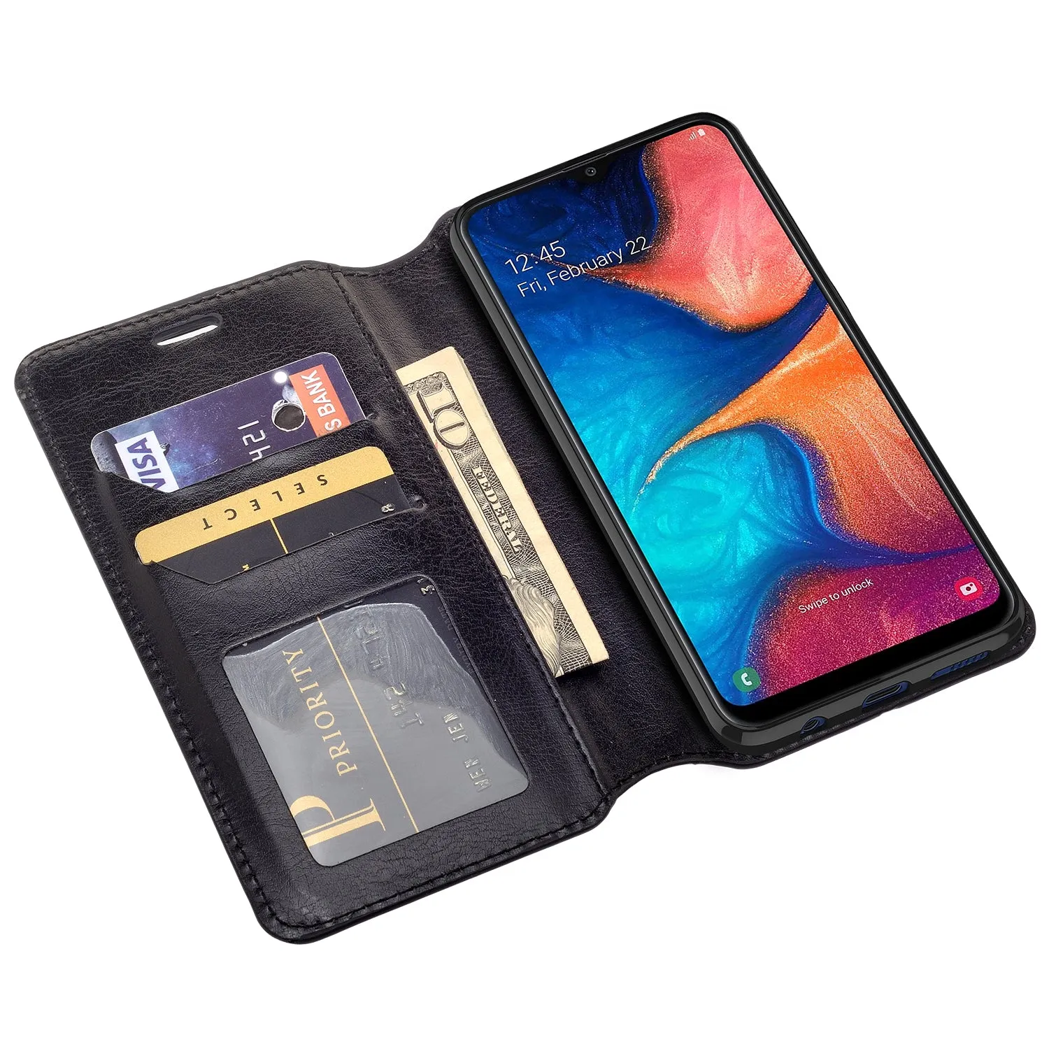Samsung Galaxy A20 Case, Galaxy A20 Wallet Case, Pu Leather Wallet Case [Kickstand] with ID & Credit Card Slots for Galaxy A20  - Black