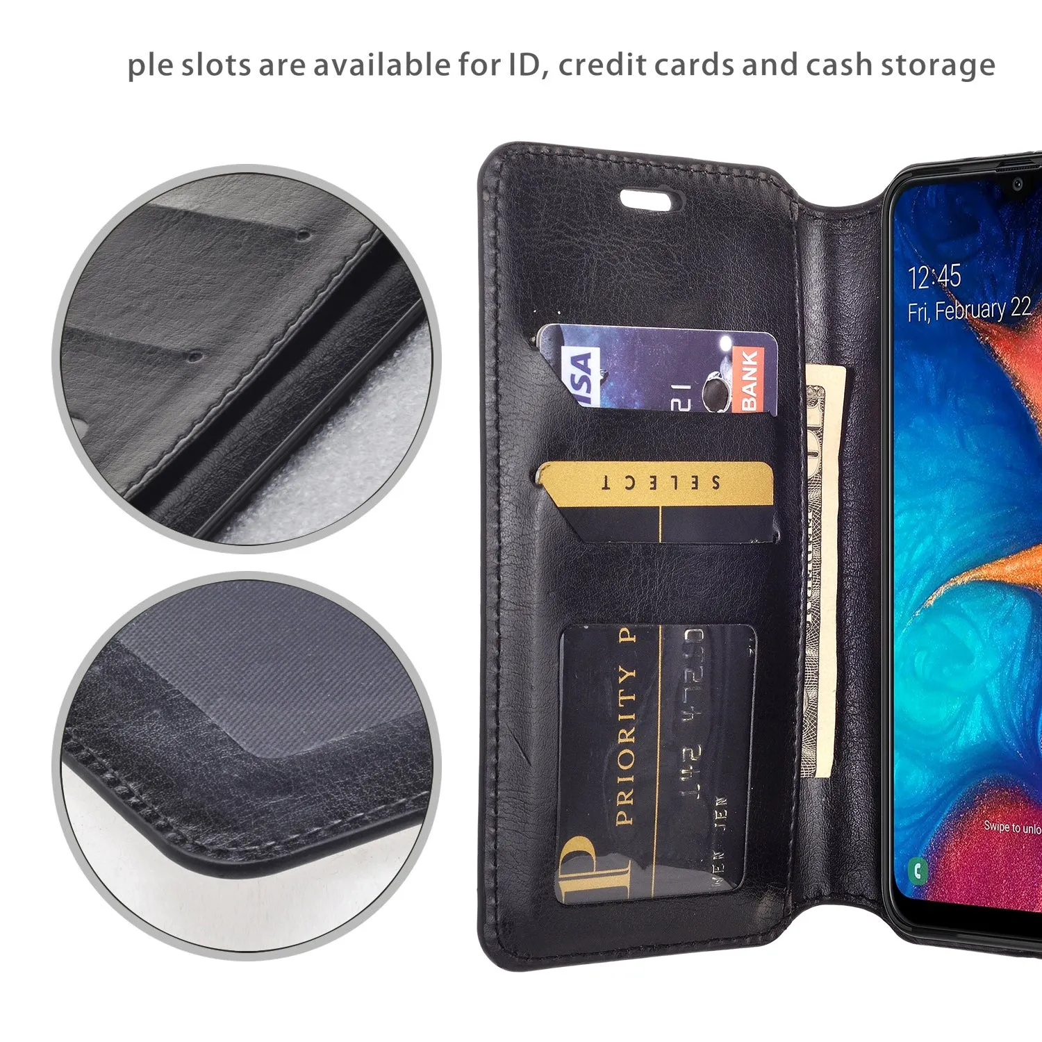 Samsung Galaxy A20 Case, Galaxy A20 Wallet Case, Pu Leather Wallet Case [Kickstand] with ID & Credit Card Slots for Galaxy A20  - Black