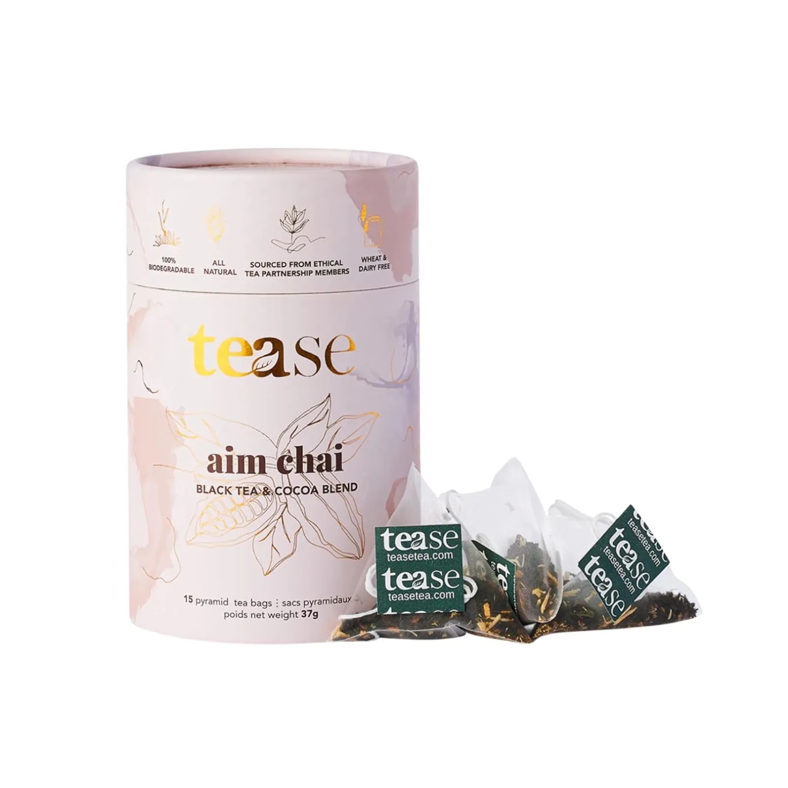 Tease Tea Organic Tea Tube Gift Set | 15 Piece Botanical Pyramid Tea Bag Infuser Sachets Black Tea Blend with Ginger, Cocoa Beans, Cinnamon, Cardamom, Clove, Nutmeg Caffeine 37g (Aim Chai)