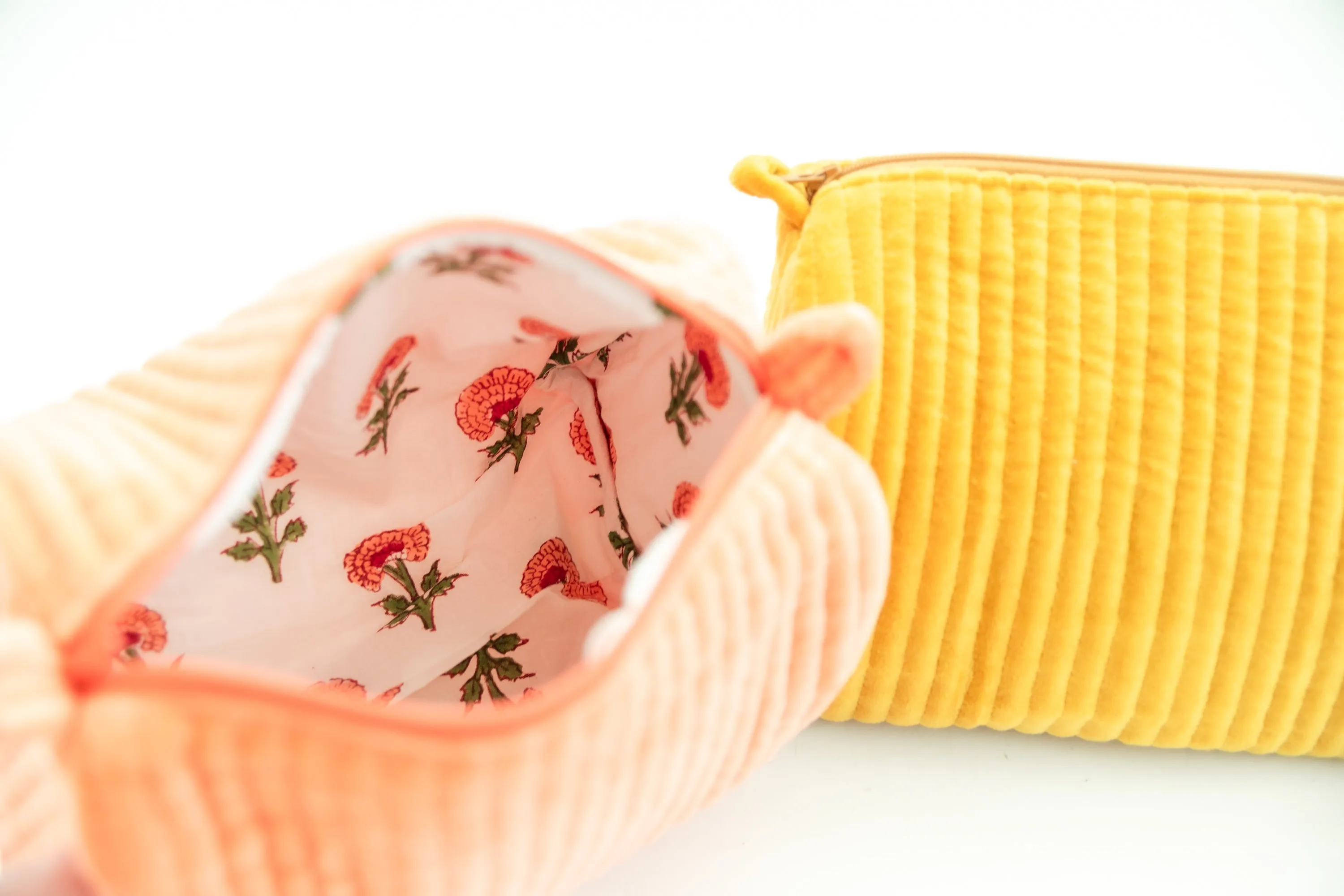 Velvet & Block Print Cosmetic Pouch- Mustard