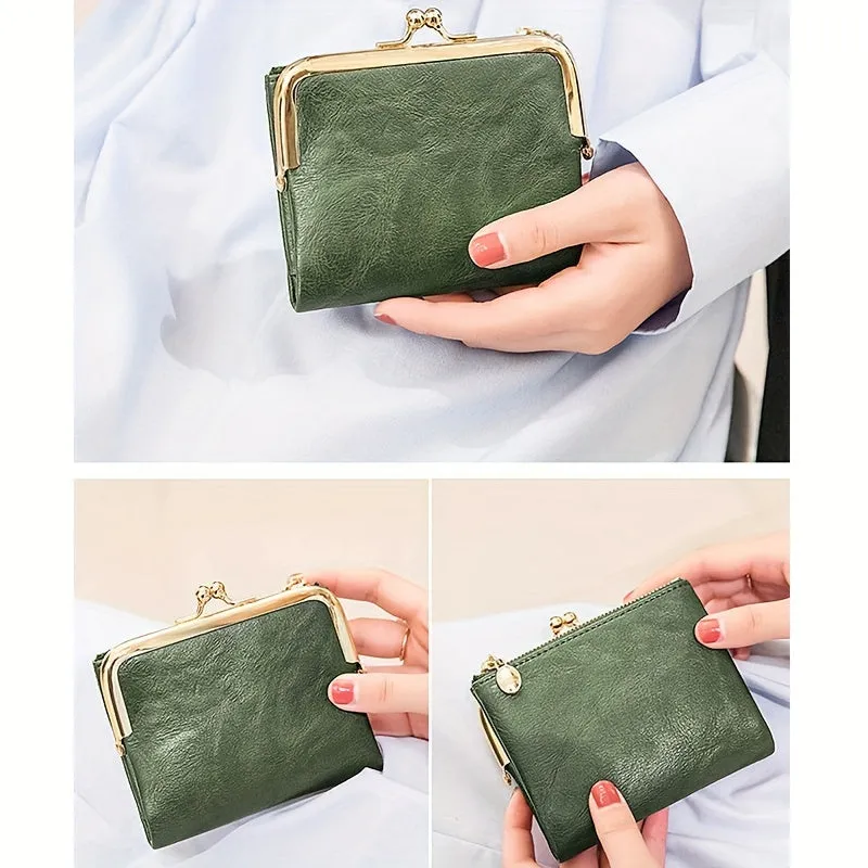 Vintage Short Wallet with KissLock Pocket  Zipper Coin Purse