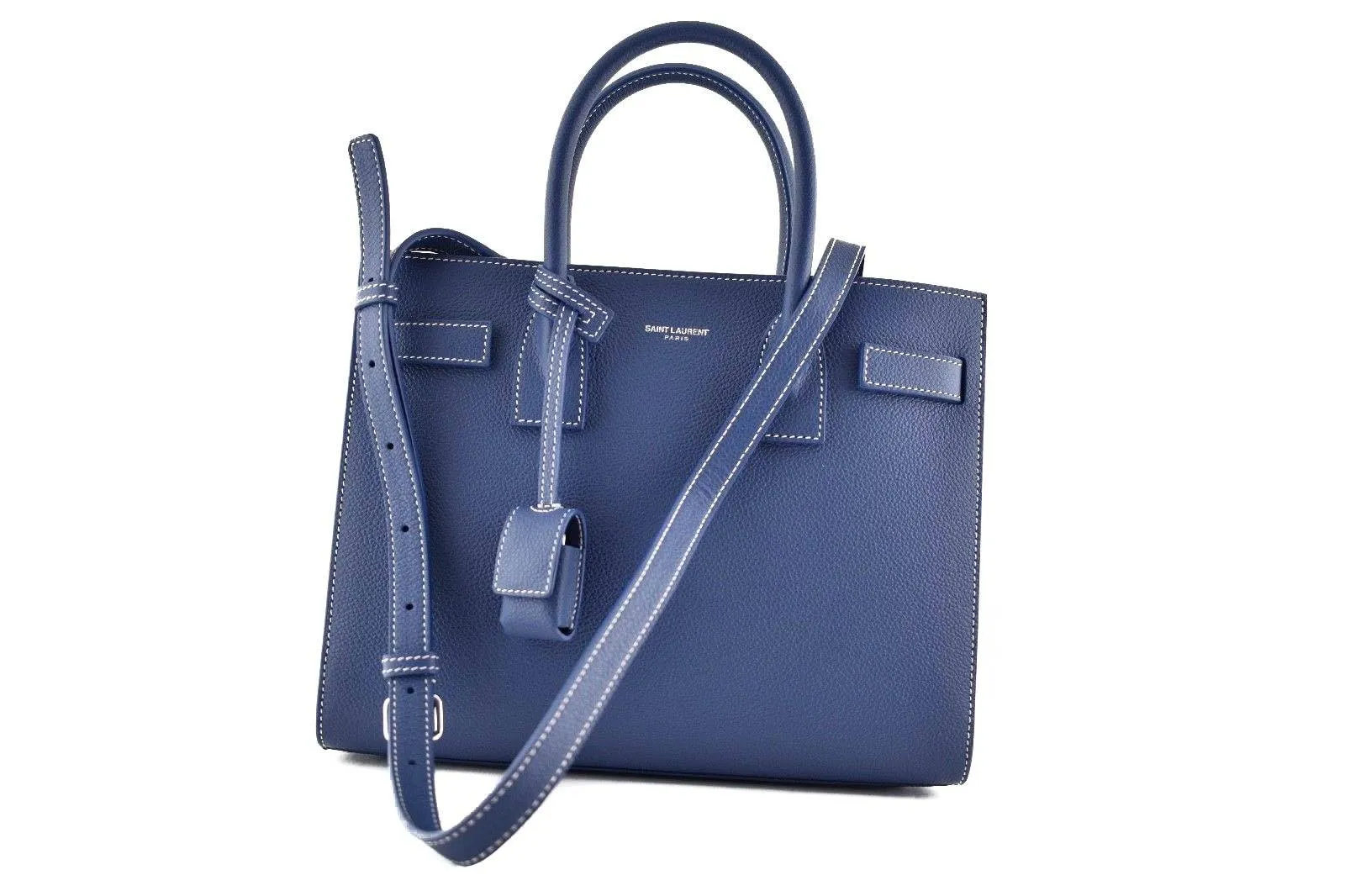 YSL Small Sac De Jour Denim Blue White Stitch Shoulder Bag