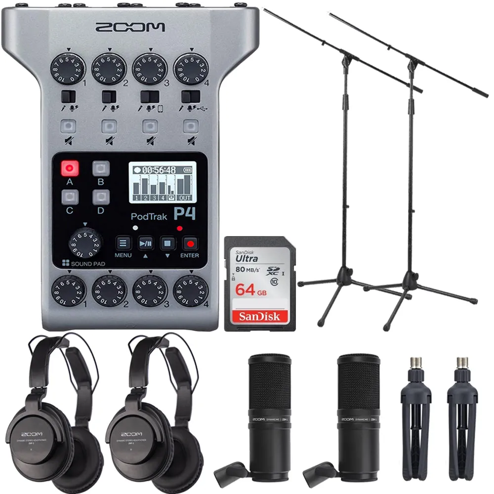 Zoom PodTrak P4 Portable Multitrack Podcast Recorder   2x Zoom ZDM-1 Podcast Mic Pack Accessory Bundle