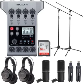 Zoom PodTrak P4 Portable Multitrack Podcast Recorder   2x Zoom ZDM-1 Podcast Mic Pack Accessory Bundle