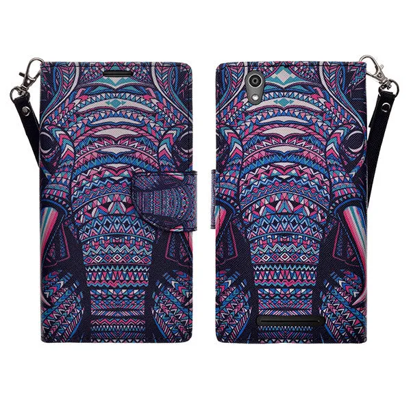 ZTE ZMAX Case, Wrist Strap Magnetic Fold[Kickstand] Pu Leather Wallet Case with ID & Credit Card Slots for ZTE ZMAX - Tribal Elephant