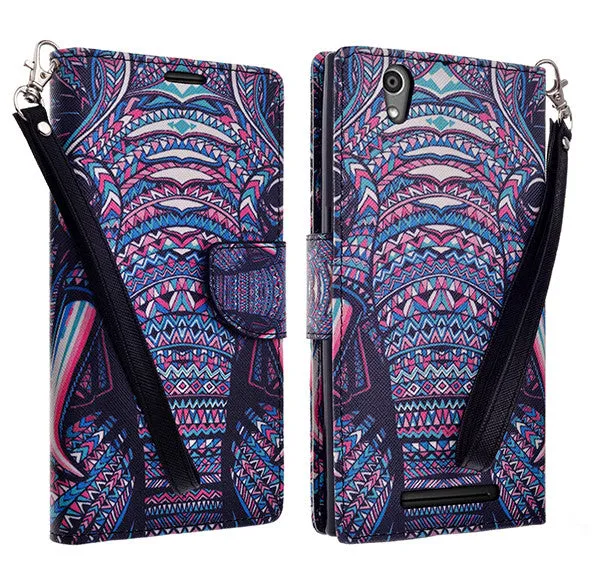 ZTE ZMAX Case, Wrist Strap Magnetic Fold[Kickstand] Pu Leather Wallet Case with ID & Credit Card Slots for ZTE ZMAX - Tribal Elephant